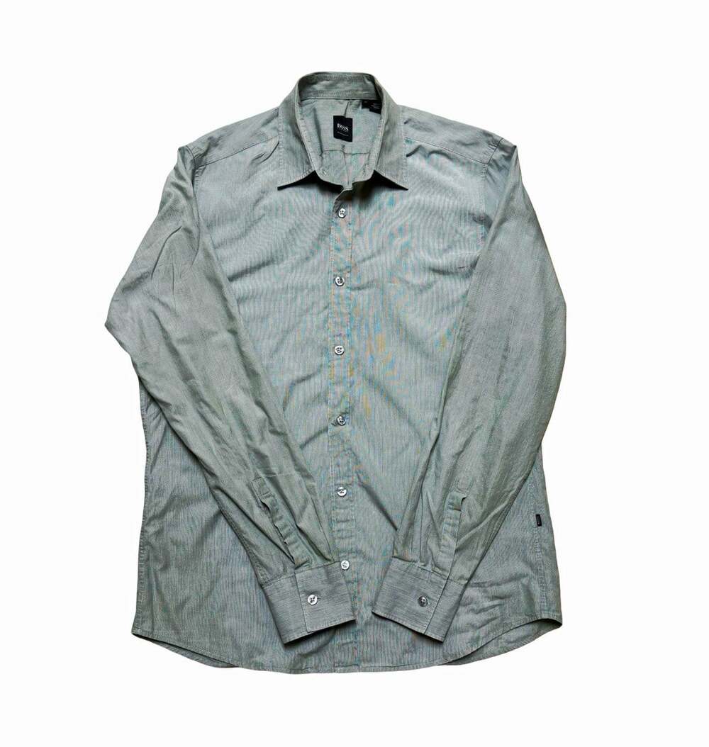 HUGO BOSS Men’s Shirt M Gray Striped Regular Fit Long Sleeve Cotton Button-Up
